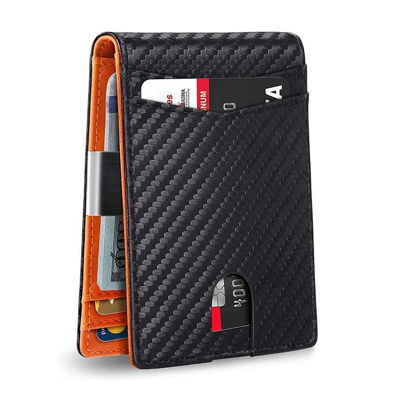 PU leather RFID anti-theft wallet with multiple card slots in carbon fibre black, measuring 11 x 7.9 cm