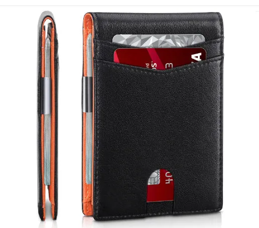 PU leather RFID anti-theft wallet with multiple card slots in carbon fibre black, measuring 11 x 7.9 cm