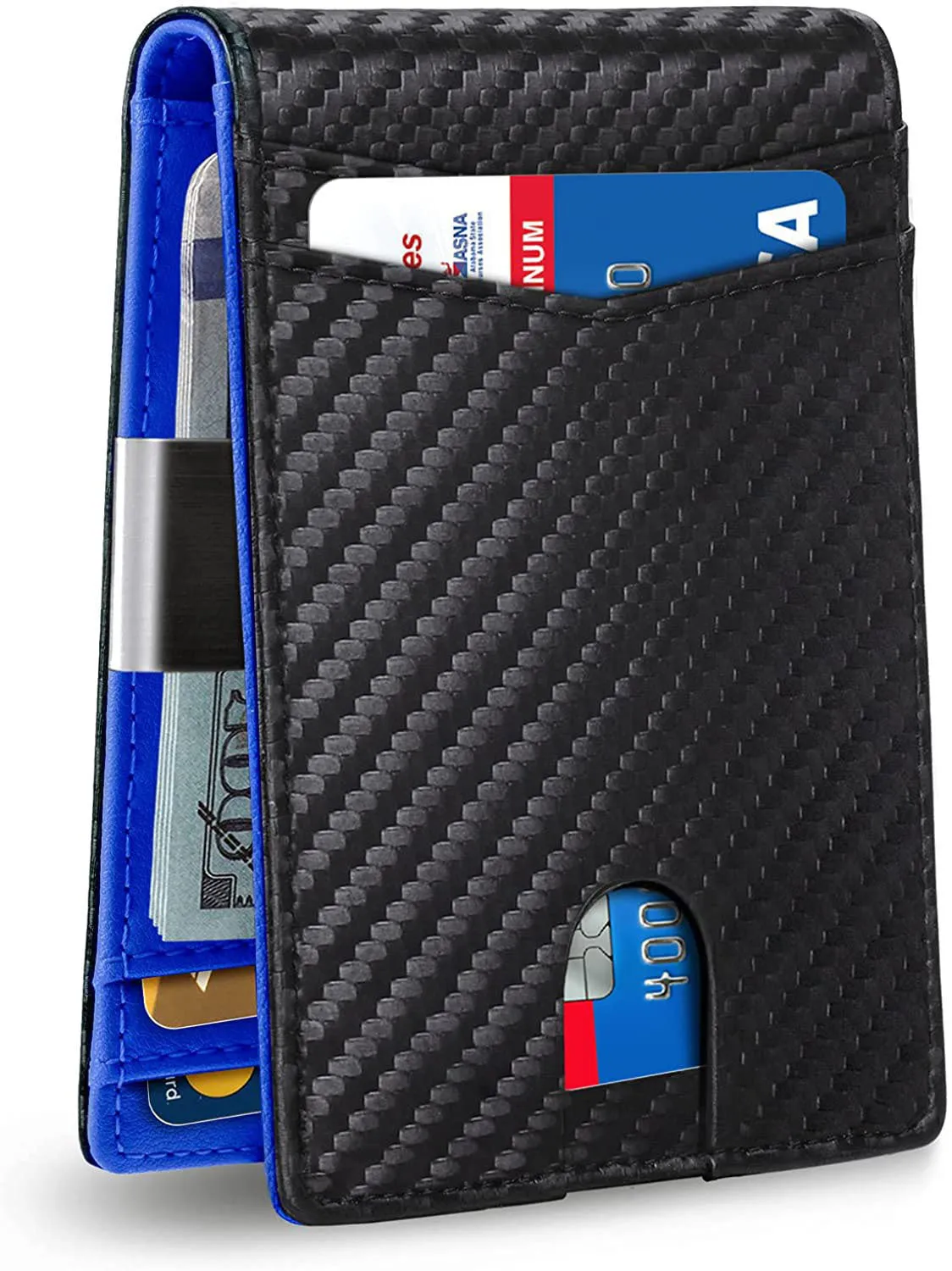 PU leather RFID anti-theft wallet with multiple card slots in carbon fibre black, measuring 11 x 7.9 cm