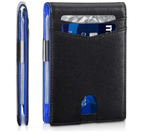 PU leather RFID anti-theft wallet with multiple card slots in carbon fibre black, measuring 11 x 7.9 cm