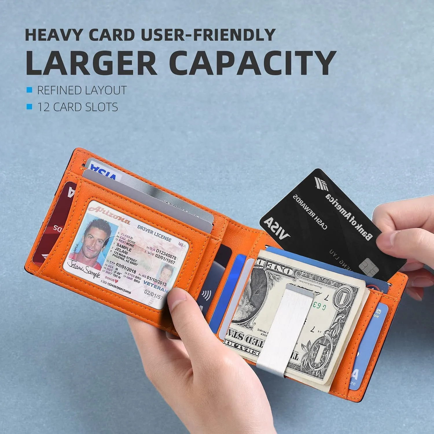 PU leather RFID anti-theft wallet with multiple card slots in carbon fibre black, measuring 11 x 7.9 cm