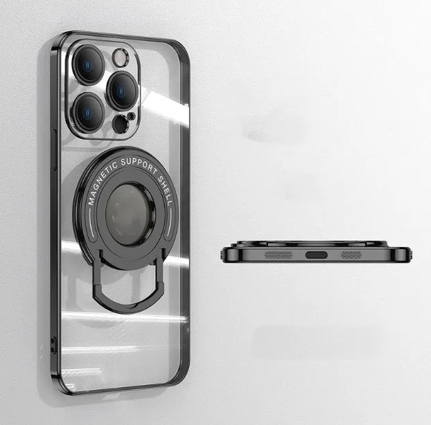 Transparent magnetic iPhone case with a silver pull-out bracket extended, showing dark purple iPhone inside.