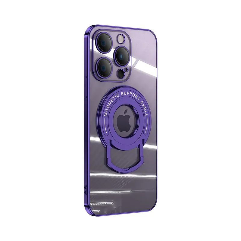Transparent magnetic iPhone case with a silver pull-out bracket extended, showing dark purple iPhone inside.
