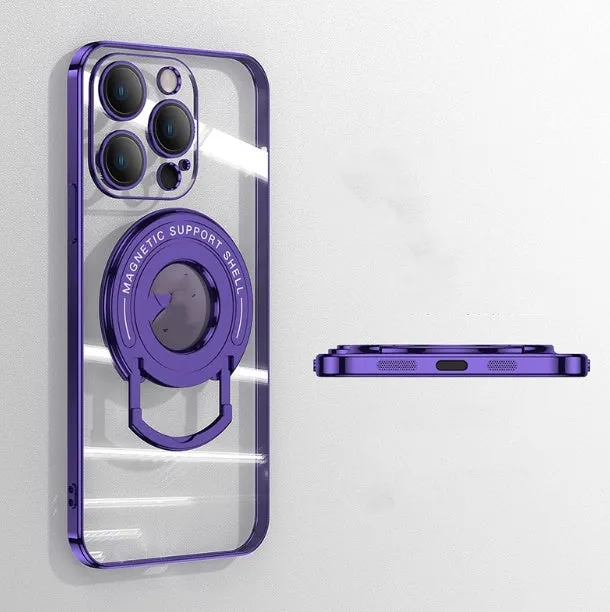 Transparent magnetic iPhone case with a silver pull-out bracket extended, showing dark purple iPhone inside.