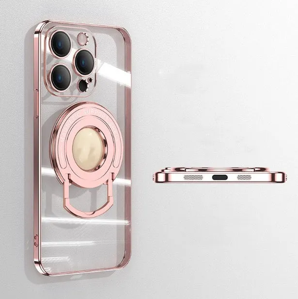 Transparent magnetic iPhone case with a silver pull-out bracket extended, showing dark purple iPhone inside.