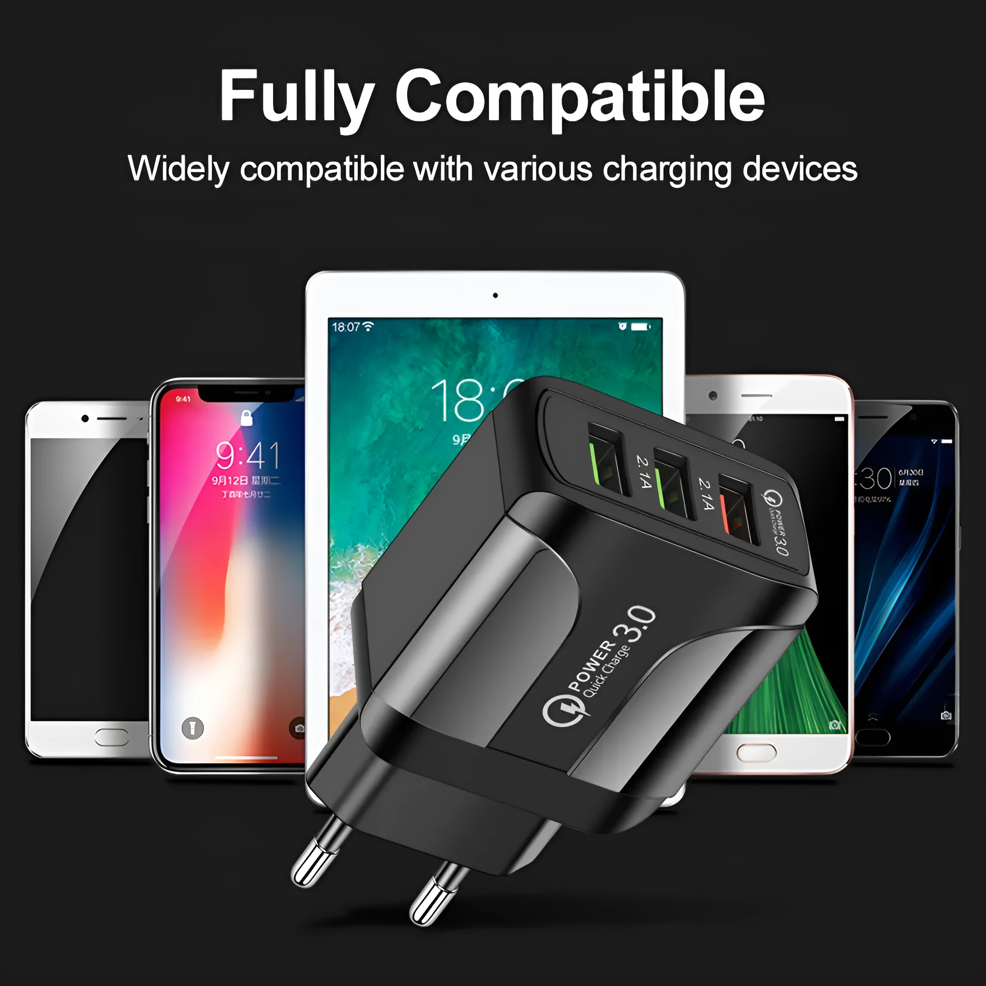 Black fast charge travel charger with 3 USB ports and a UK three-pin plug