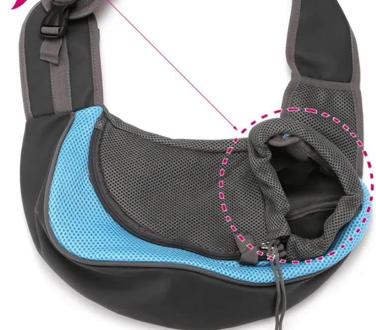 Blue pet backpack carrier for a small cat, showing padded interior and adjustable straps.