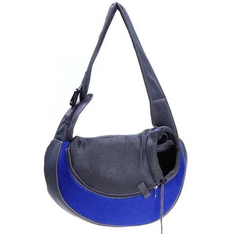 Blue pet backpack carrier for a small cat, showing padded interior and adjustable straps.