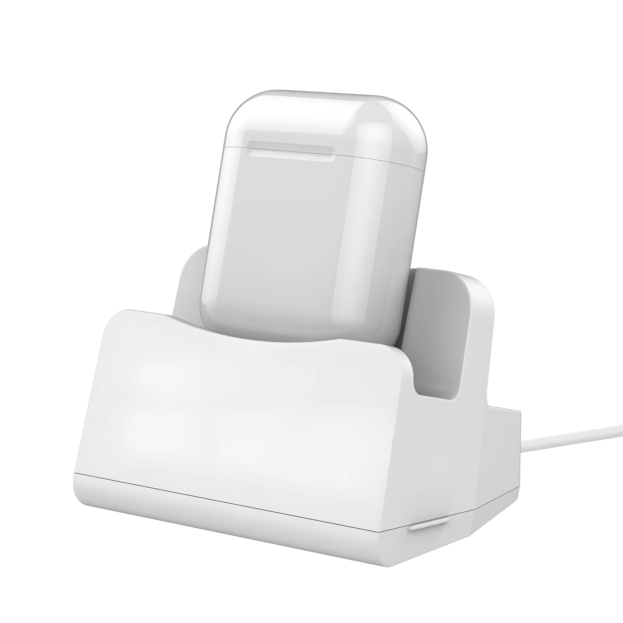 White headphone charging base station on a desk, holding a pair of over-ear headphones.