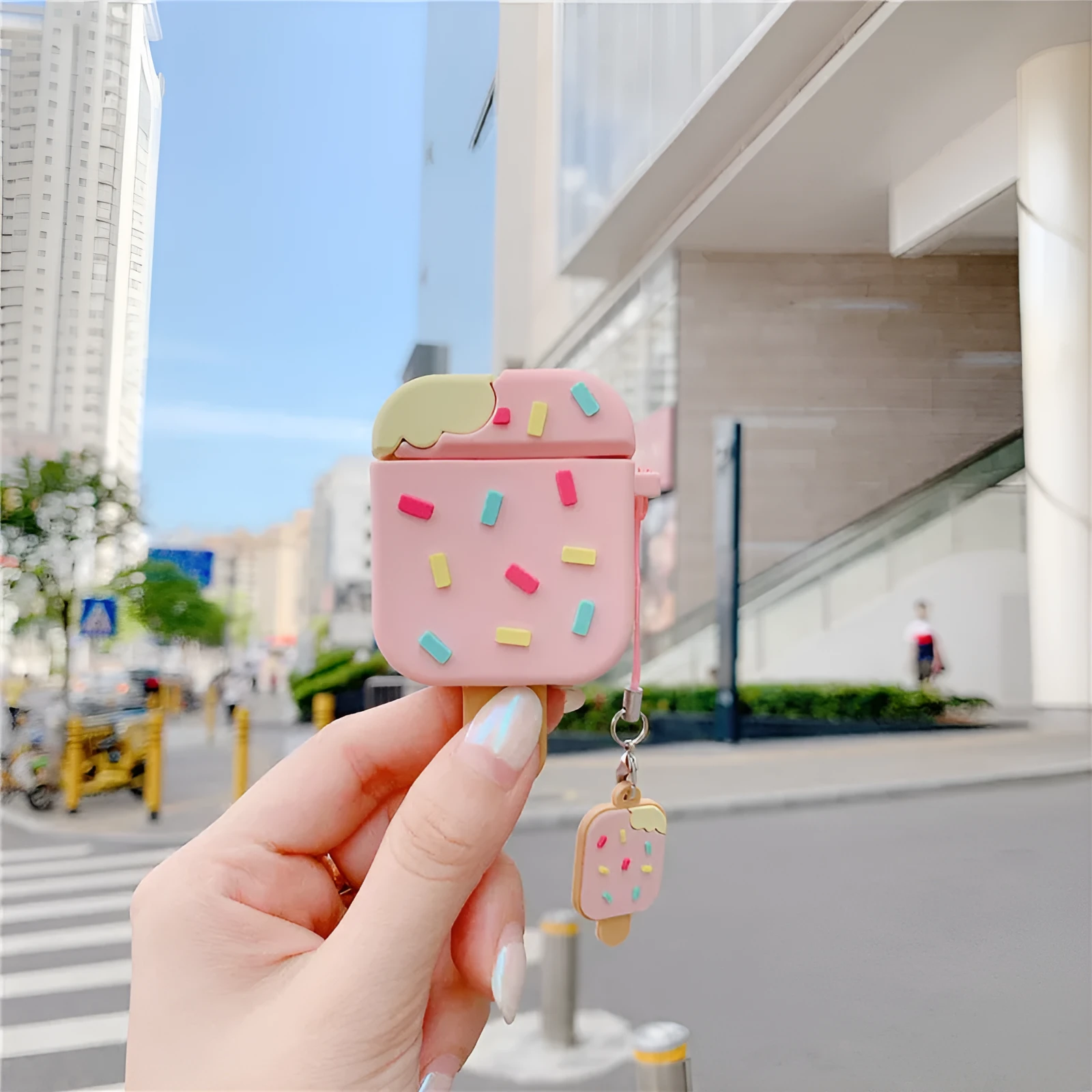 Pink and brown cartoon sandwich ice cream design silicone cover for Apple AirPods case with pendant.