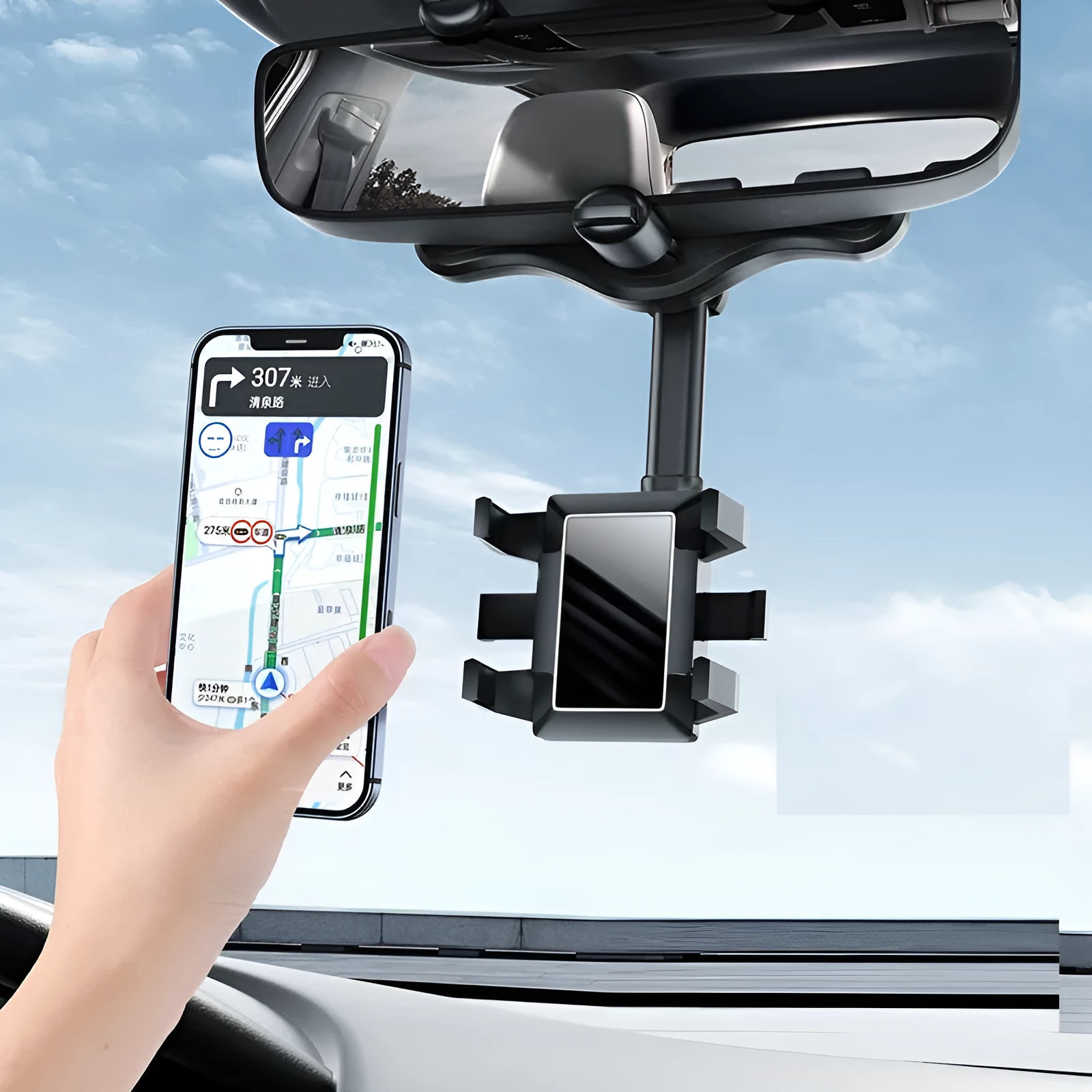 Vehicle rearview mirror navigation bracket with 360-degree rotation and adjustable clip in five colour variants