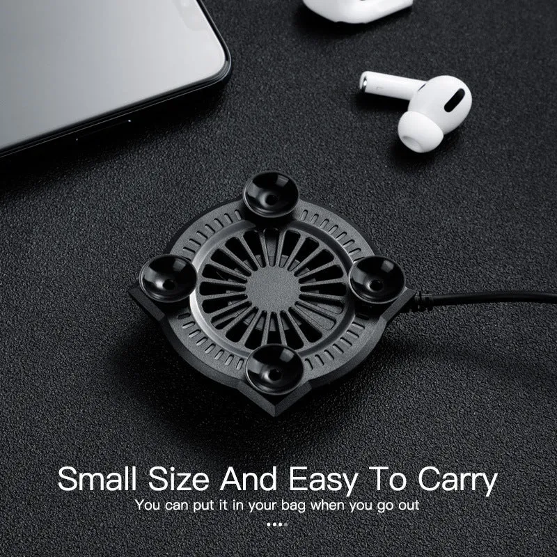 Black mobile phone cooling fan with suction cup attachment and USB cable