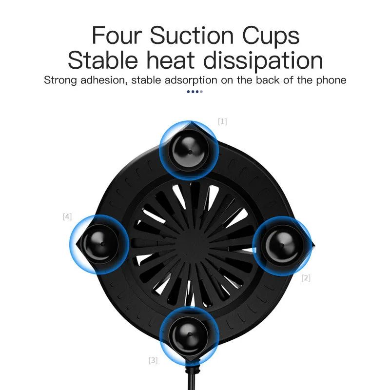 Black mobile phone cooling fan with suction cup attachment and USB cable