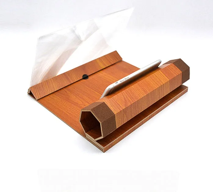 Wood grain mobile phone amplifier measuring 25.5cm wide with phone resting on display stand