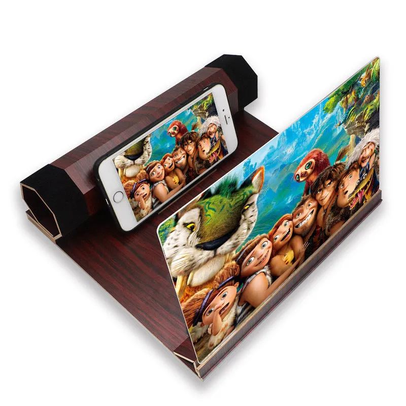 Wood grain mobile phone amplifier measuring 25.5cm wide with phone resting on display stand