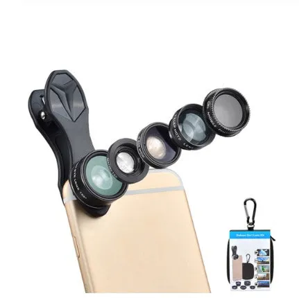 Black 5-in-1 smartphone lens kit with universal clip, fisheye, wide angle, macro and telephoto lenses