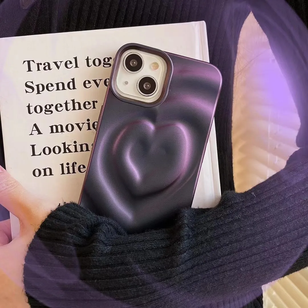 Solid colour TPU iPhone case with a raised 3D love design in bright purple.