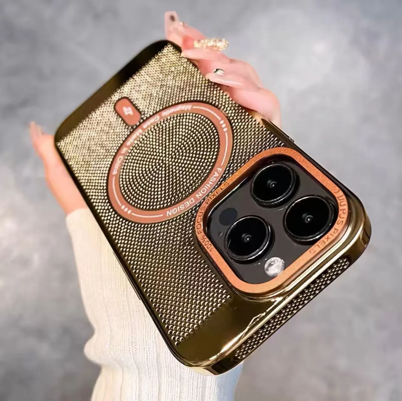 Electroplating magnetic phone case for iPhone models showing heat dissipation design and colour options