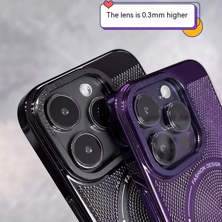 Electroplating magnetic phone case for iPhone models showing heat dissipation design and colour options