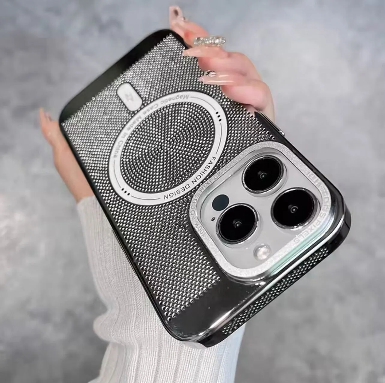 Electroplating magnetic phone case for iPhone models showing heat dissipation design and colour options