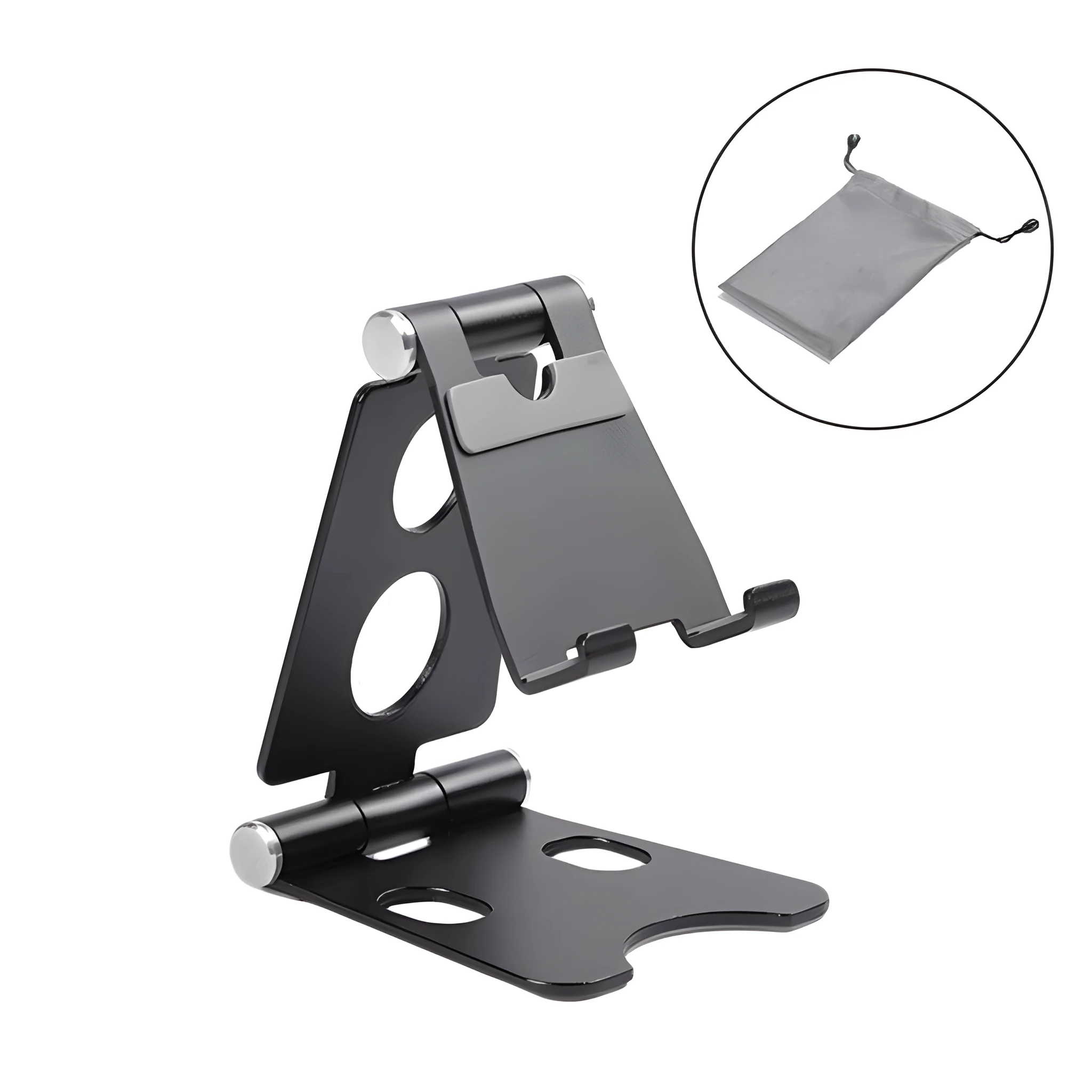 Foldable metal mini phone stand in gold black colour on a wooden desk