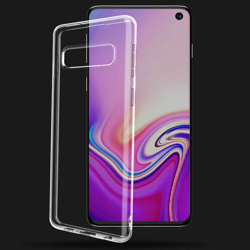 Transparent TPU Samsung S10 phone case on a mobile, showing back cover design.