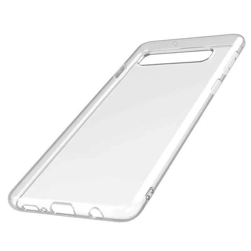 Transparent TPU Samsung S10 phone case on a mobile, showing back cover design.