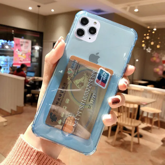 Transparent card holder phone case for Apple iPhone in silicone material showing card storage compartment
