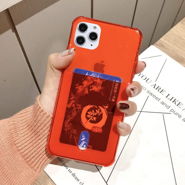 Transparent card holder phone case for Apple iPhone in silicone material showing card storage compartment