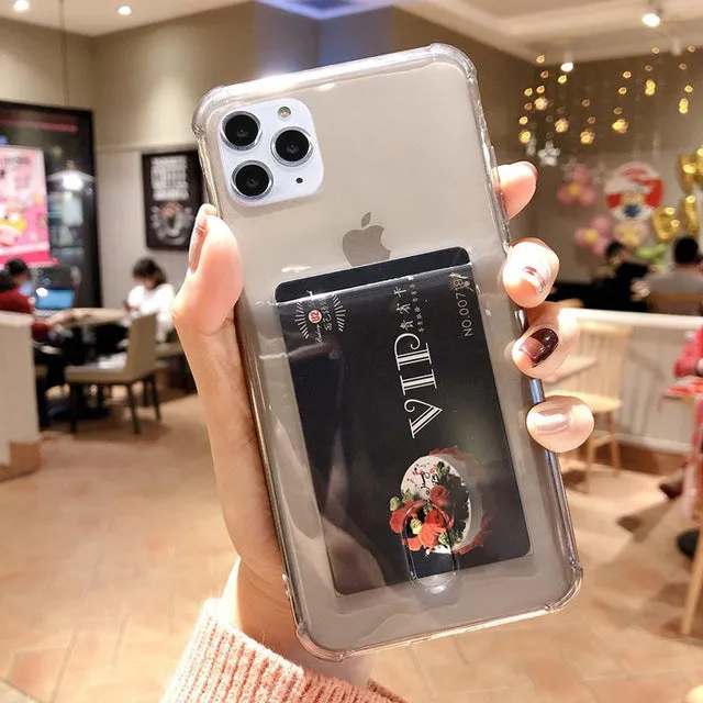 Transparent card holder phone case for Apple iPhone in silicone material showing card storage compartment