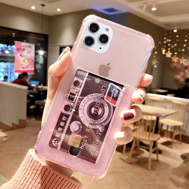 Transparent card holder phone case for Apple iPhone in silicone material showing card storage compartment