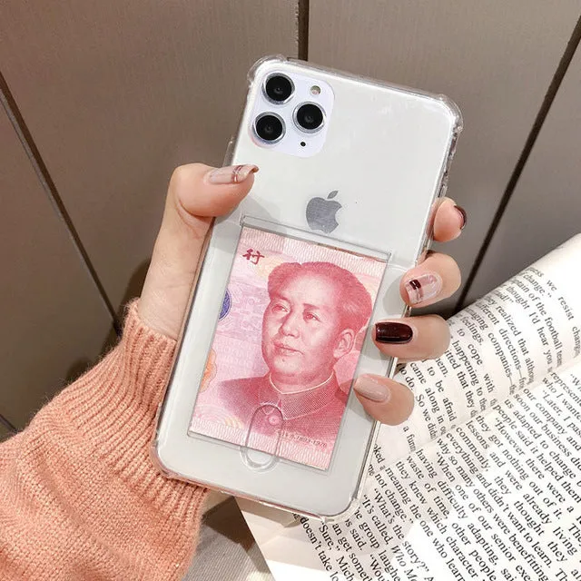 Transparent card holder phone case for Apple iPhone in silicone material showing card storage compartment