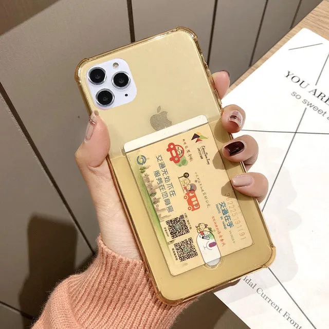 Transparent card holder phone case for Apple iPhone in silicone material showing card storage compartment