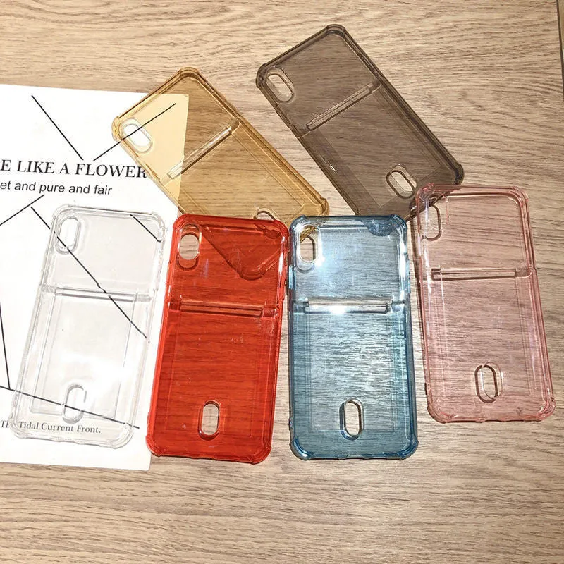 Transparent card holder phone case for Apple iPhone in silicone material showing card storage compartment