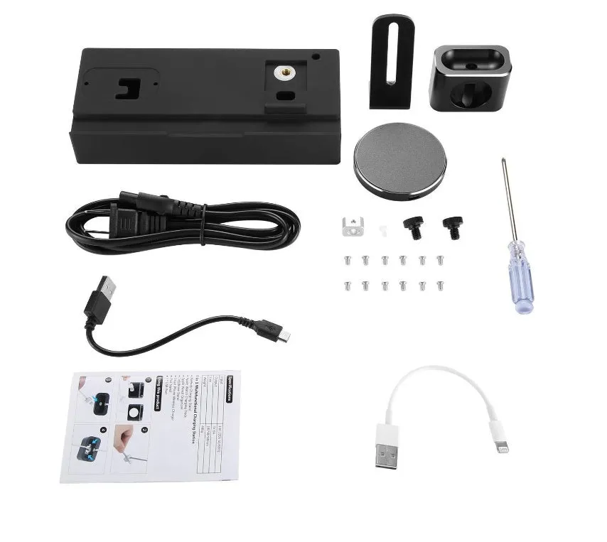 Black eight-in-one wireless charging station with five USB ports and aluminium charging pad