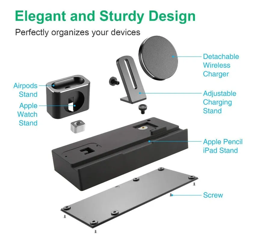 Black eight-in-one wireless charging station with five USB ports and aluminium charging pad