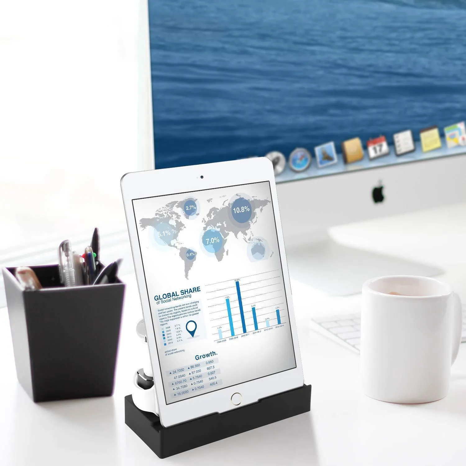 Black eight-in-one wireless charging station with five USB ports and aluminium charging pad