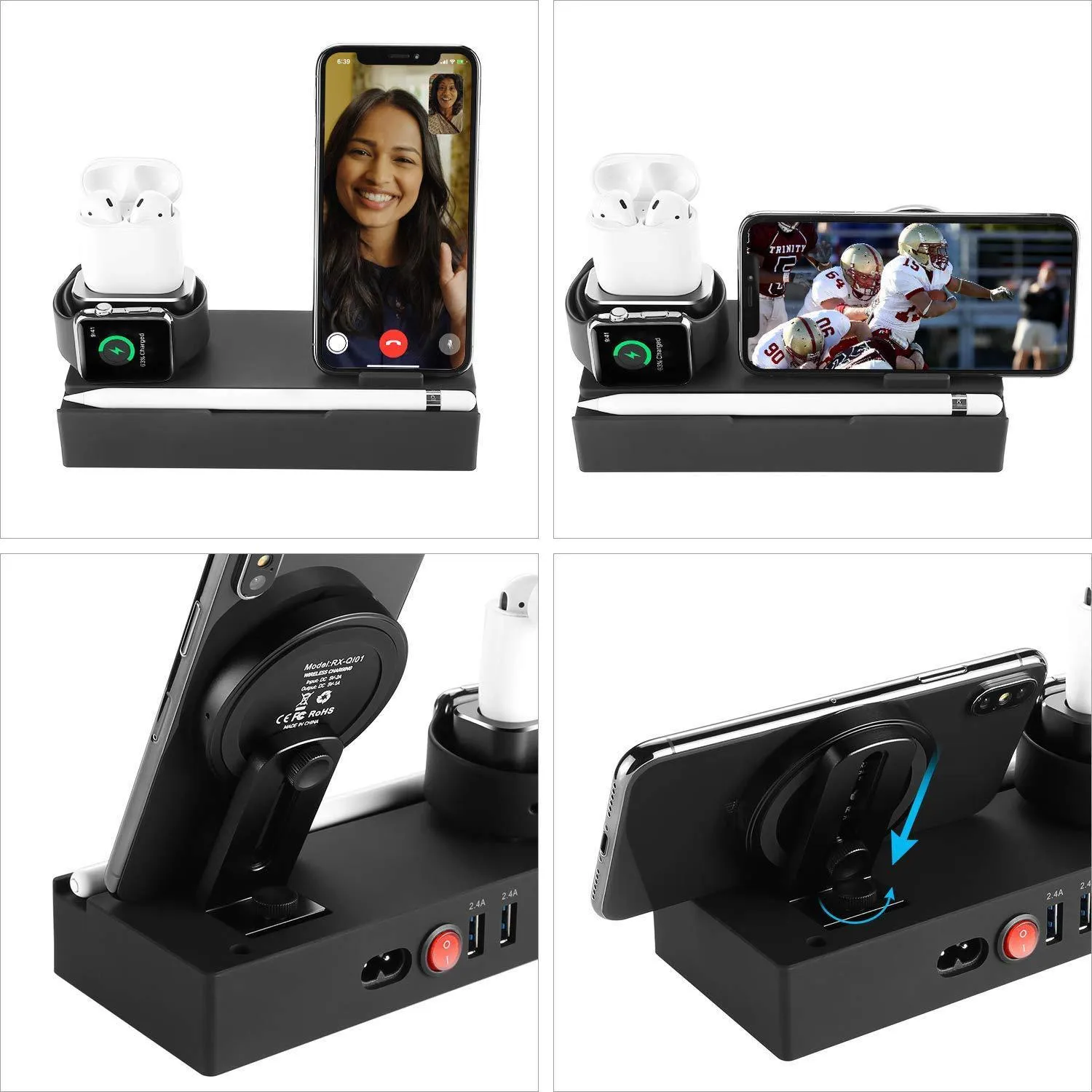 Black eight-in-one wireless charging station with five USB ports and aluminium charging pad