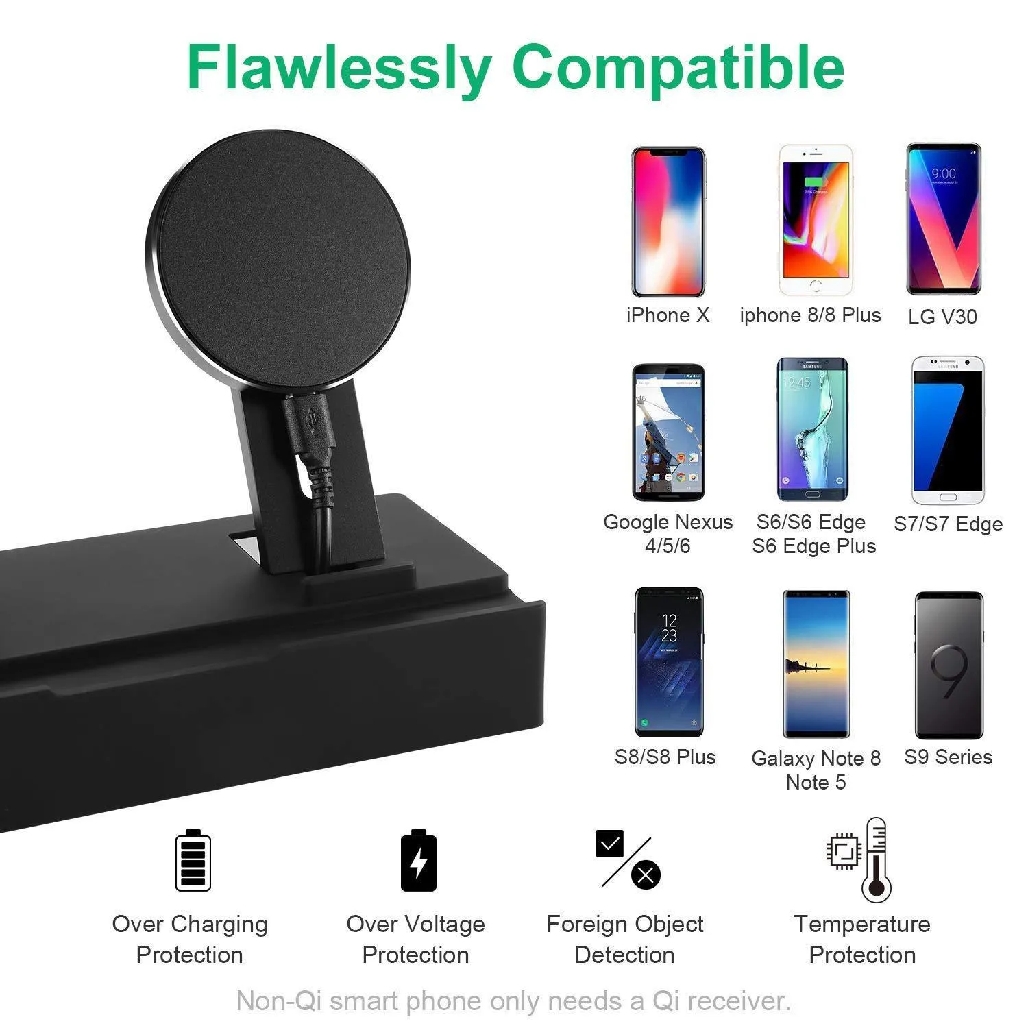 Black eight-in-one wireless charging station with five USB ports and aluminium charging pad