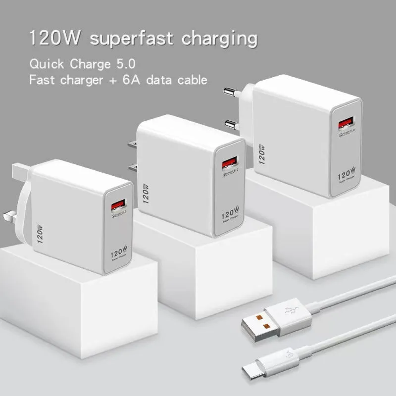White 120W USB fast charger with US, EU, and UK plug adapters and a data cable.