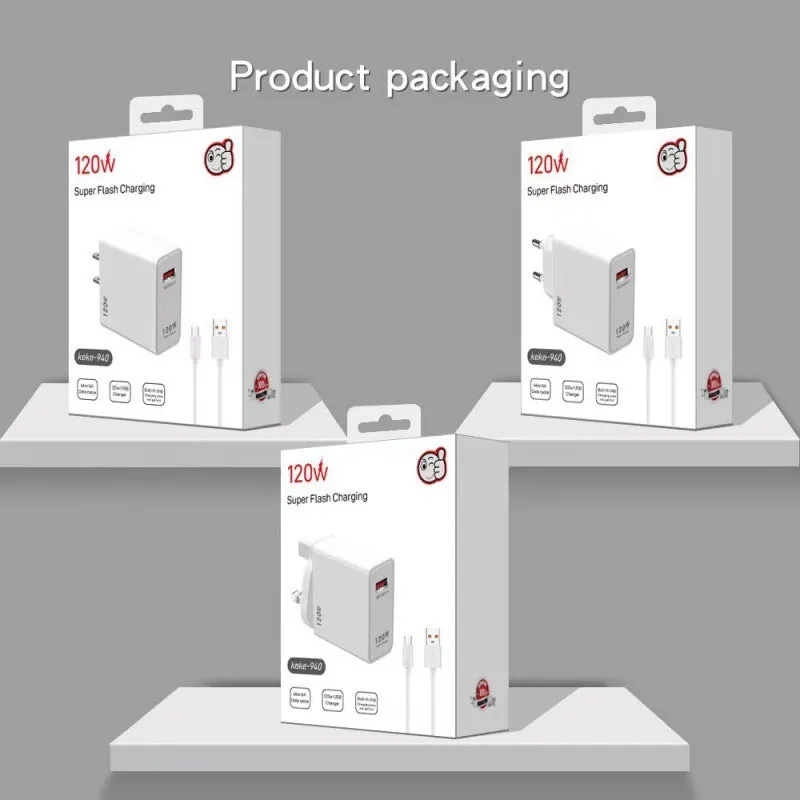 White 120W USB fast charger with US, EU, and UK plug adapters and a data cable.