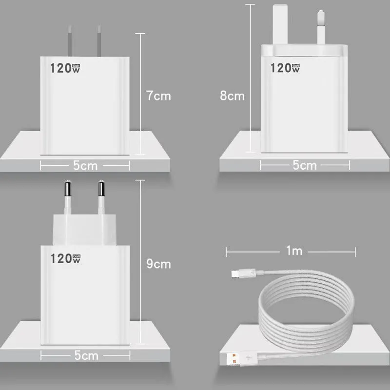 White 120W USB fast charger with US, EU, and UK plug adapters and a data cable.