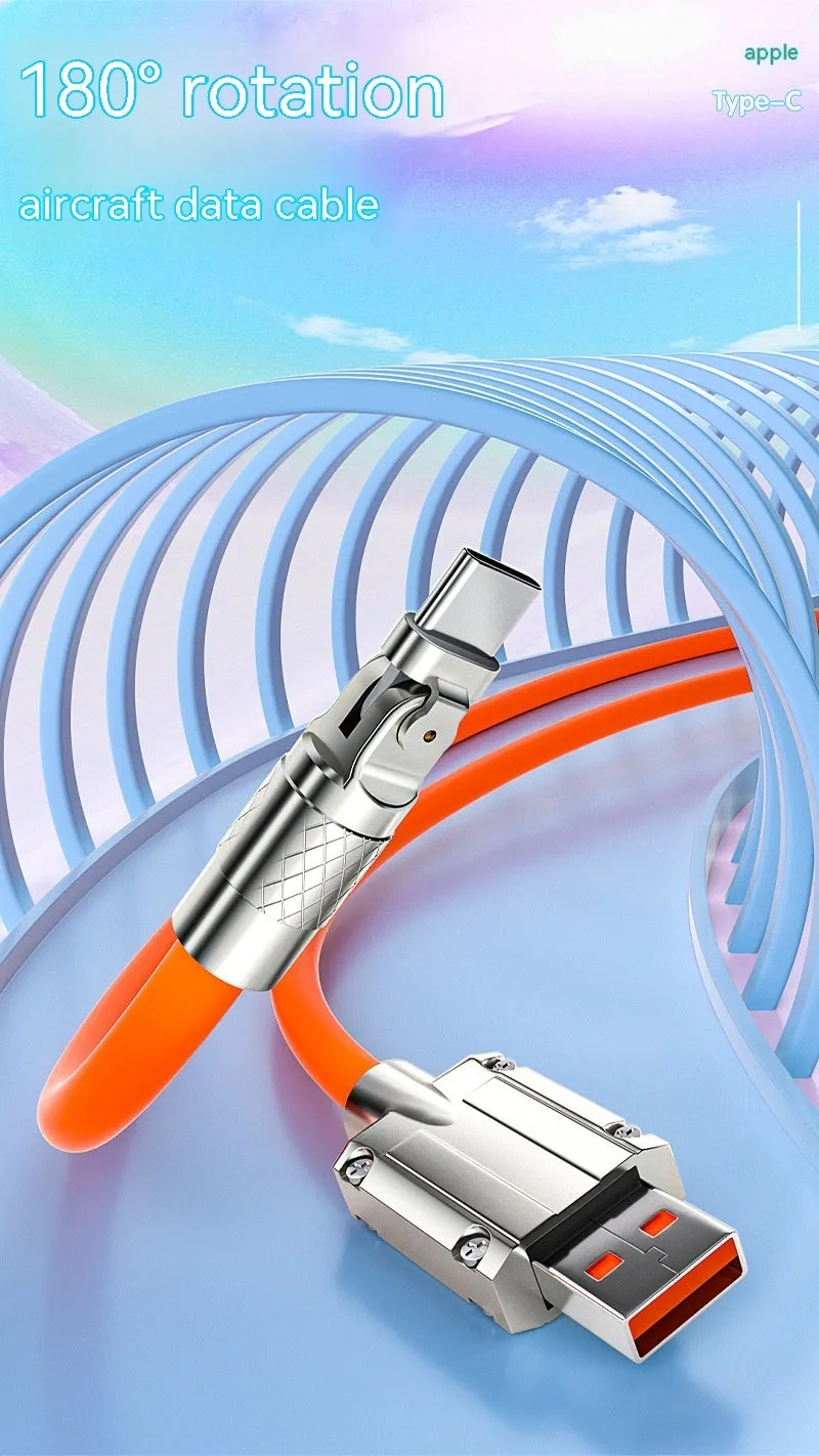 Orange rotating elbow USB charging cable showing 90-degree rotation with zinc alloy connection head