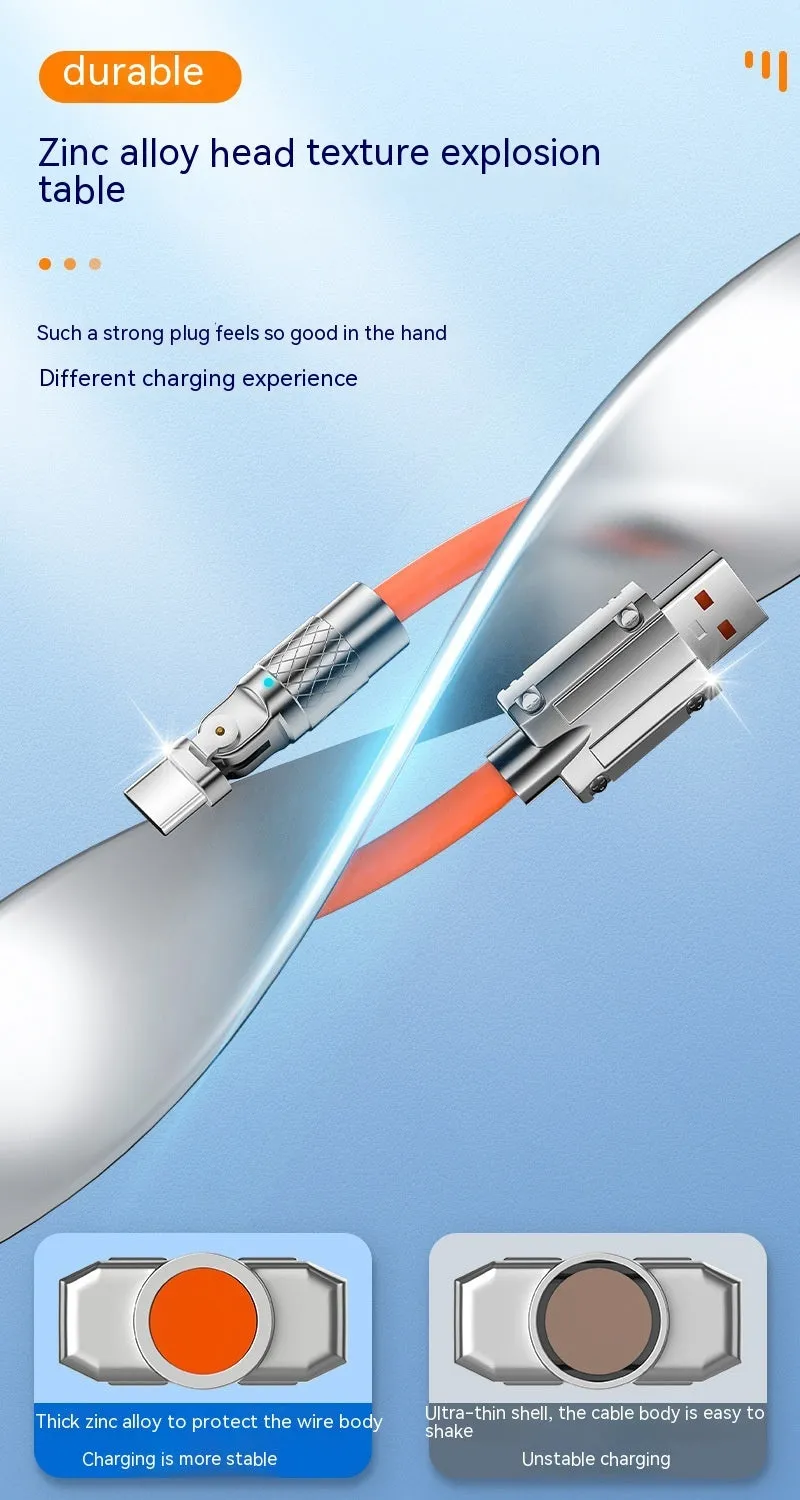 Orange rotating elbow USB charging cable showing 90-degree rotation with zinc alloy connection head