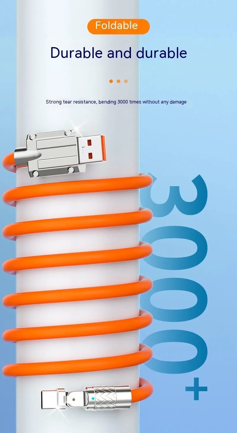 Orange rotating elbow USB charging cable showing 90-degree rotation with zinc alloy connection head