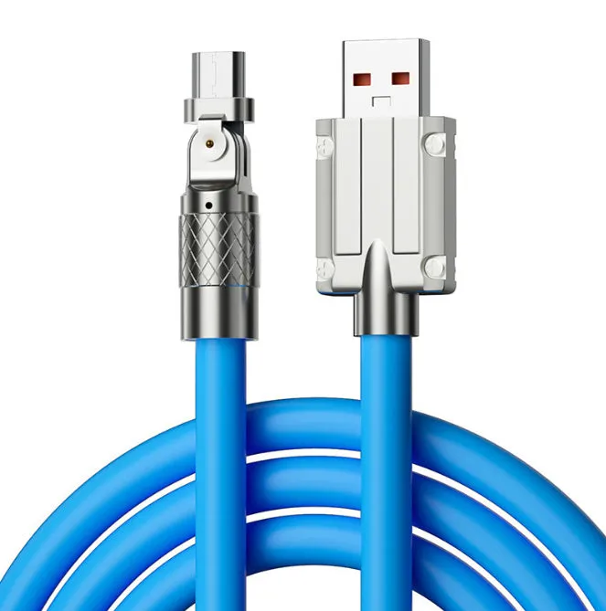 Orange rotating elbow USB charging cable showing 90-degree rotation with zinc alloy connection head