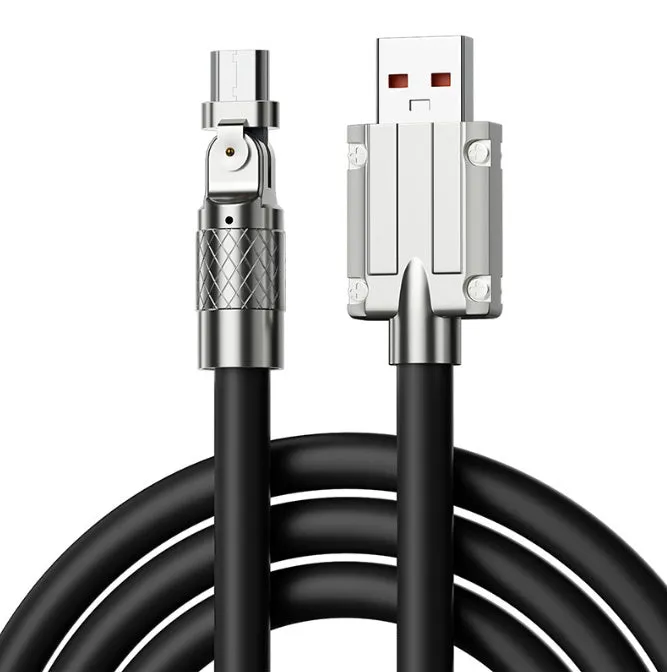 Orange rotating elbow USB charging cable showing 90-degree rotation with zinc alloy connection head