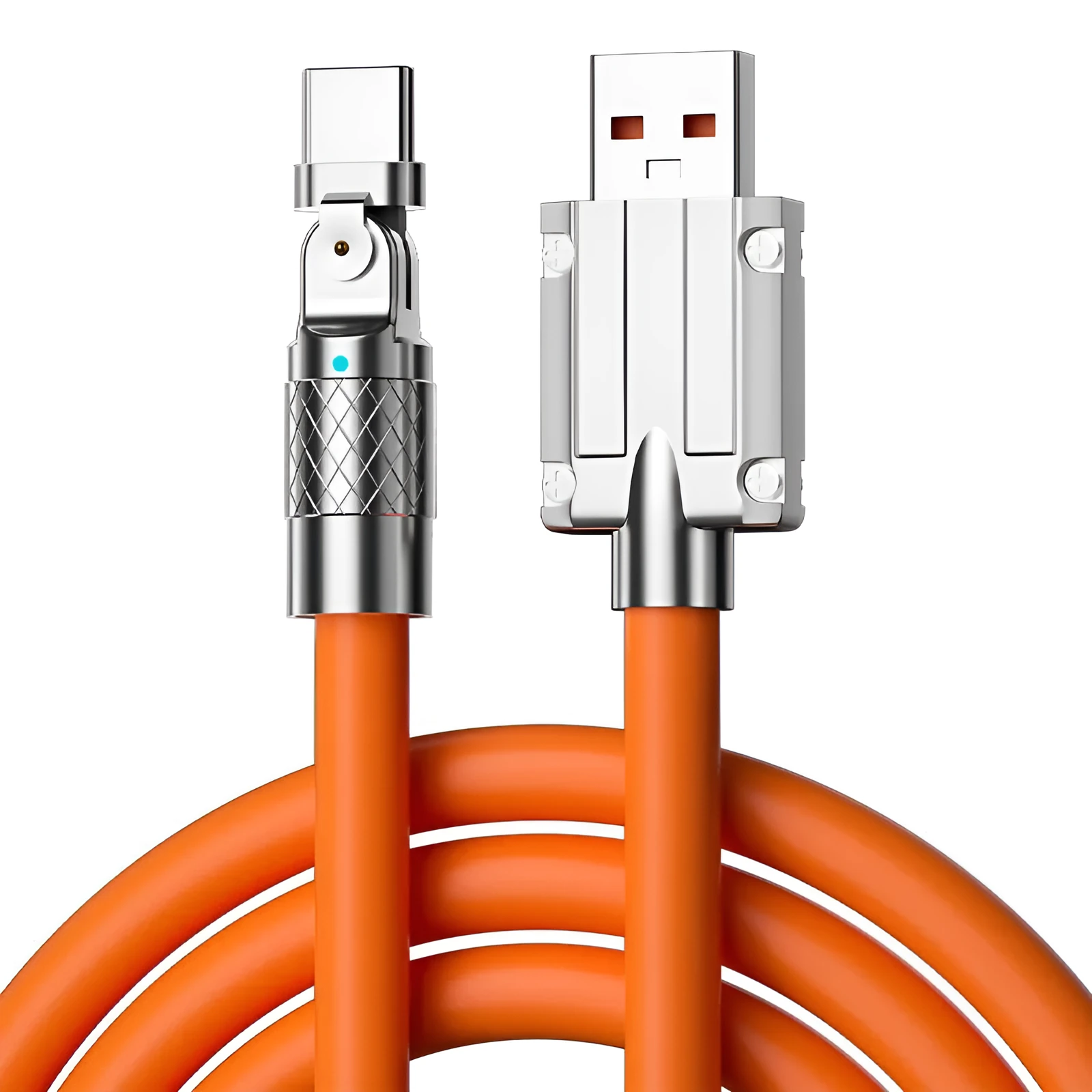 Orange rotating elbow USB charging cable showing 90-degree rotation with zinc alloy connection head