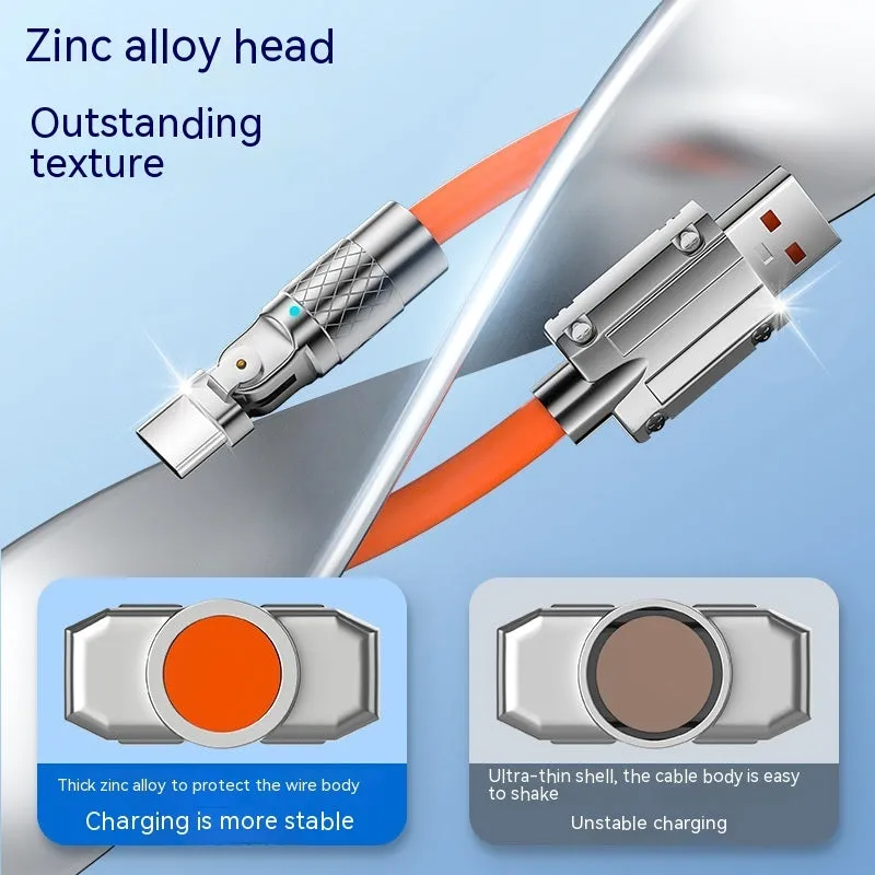 Orange rotating elbow USB charging cable showing 90-degree rotation with zinc alloy connection head
