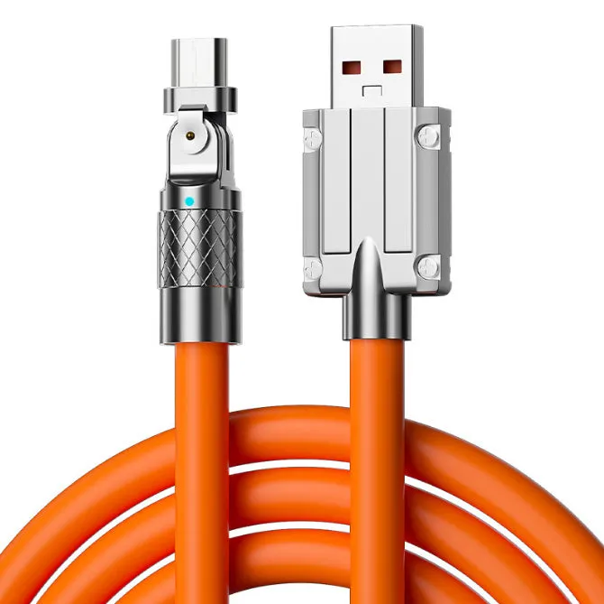 Orange rotating elbow USB charging cable showing 90-degree rotation with zinc alloy connection head